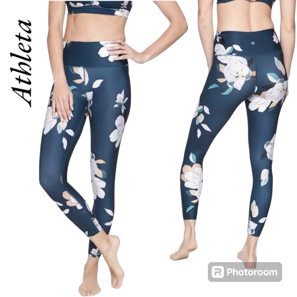 Athleta Floral Elation 7/8's Powervita Leggings Dark Teal Constellation Blue Siz
